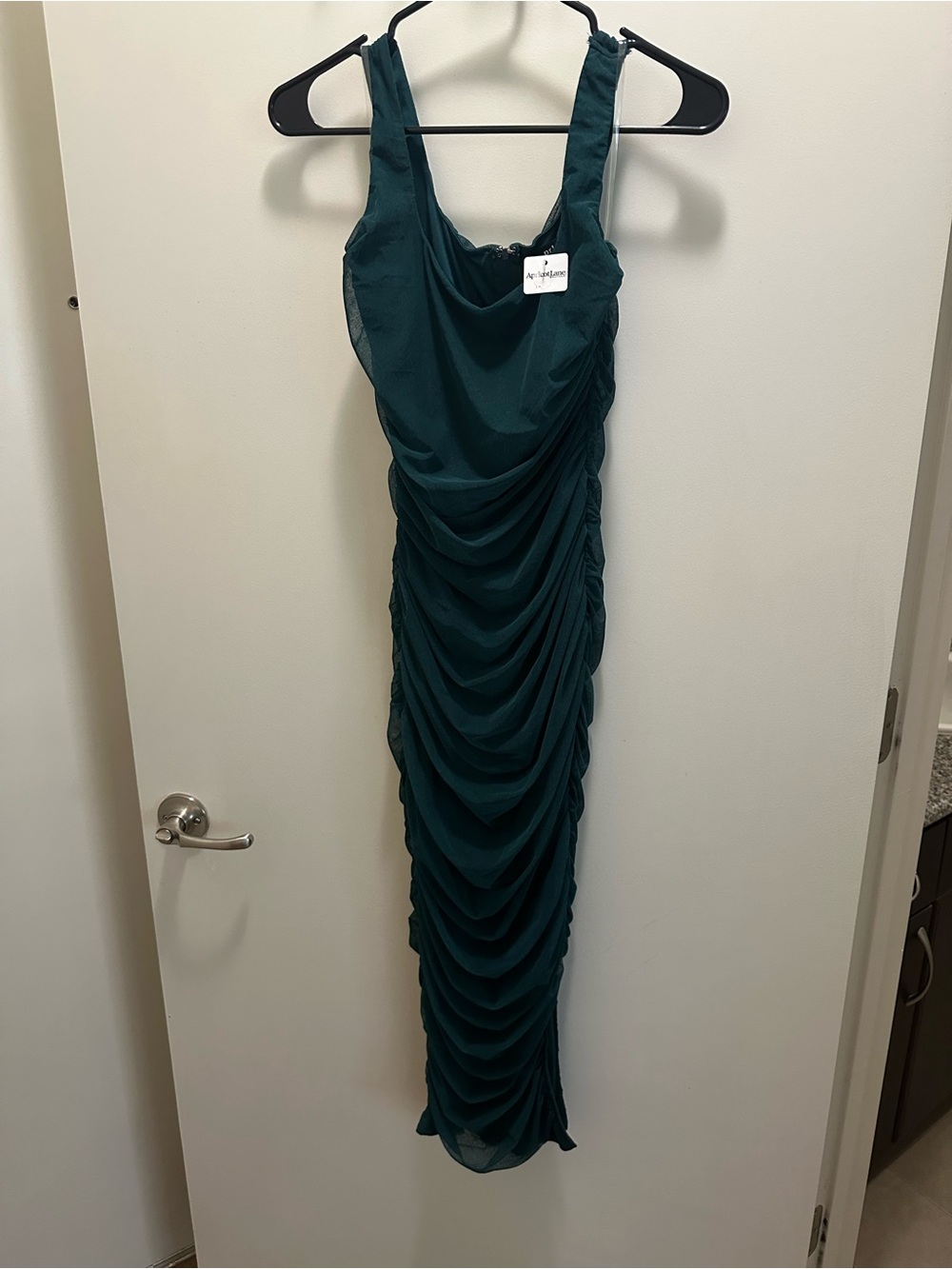 Elegant Ruched Teal Green Evening Dress Size M